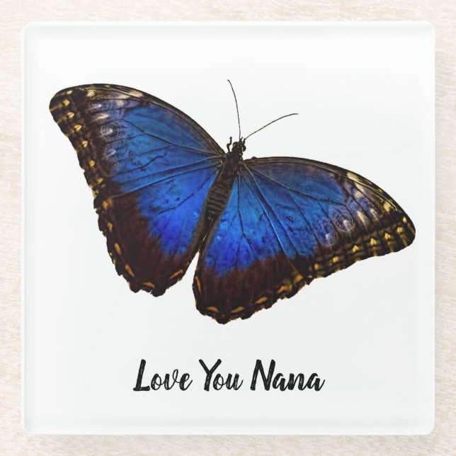 Love You Nana Blue Butterfly Glass Coaster (Front)