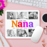 Love You Nana Colourful Rainbow 6 Photo Collage Mouse Mat<br><div class="desc">“Love you Nana.” She’s loving every minute with her grandkids. A playful, whimsical, stylish visual of colourful rainbow coloured bold typography and black handwritten typography overlay a soft, light pink heart and a white background. Add 6 cherished photos of your choice and customise the names and message, for the perfect...</div>