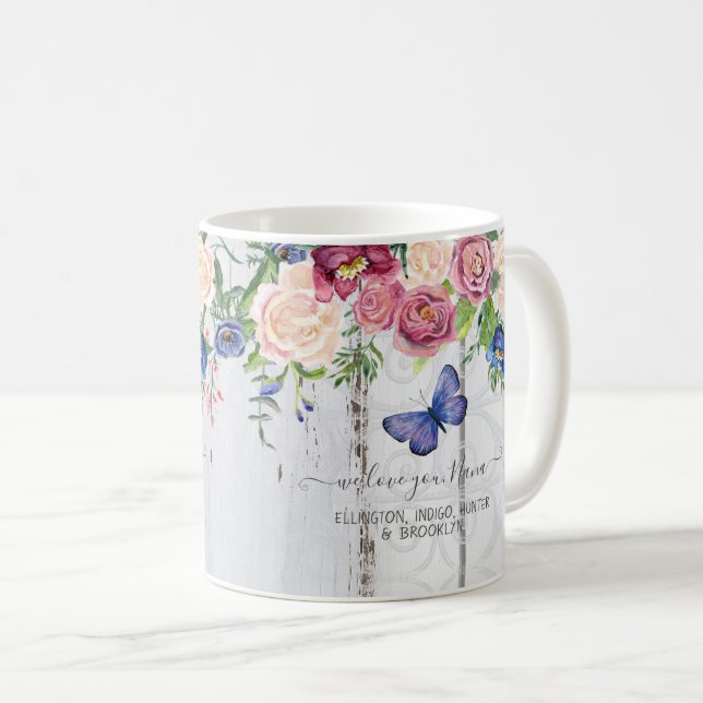 Love You Nana Floral Rustic Navy Burgundy Peony Coffee Mug (Front Right)