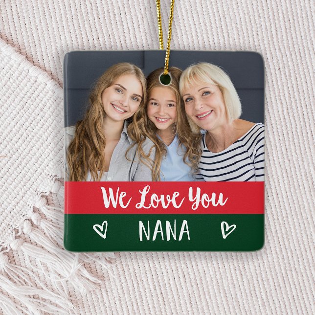 Love You Nana | Red Green Colour Block Two Photo Ceramic Ornament (A festive, red and green Christmas photo ornament is the perfect holiday gift for your Nana)
