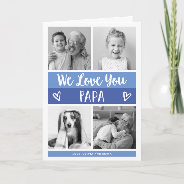 Love You Papa | Blue Colour Block Photo Grid Card (Front)