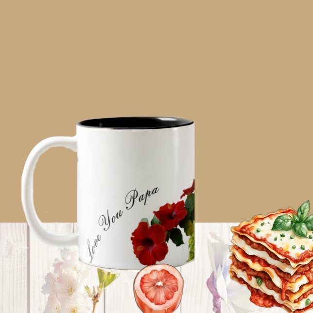 Love You Papa Father's Day Floral Red Hibiscus Two-Tone Coffee Mug (Love You Papa Father's Day Floral Red Hibiscus Two-Tone Coffee Mug)