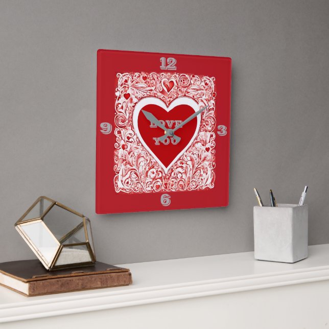 Love You Red And White Heart Square Wall Clock (Office)