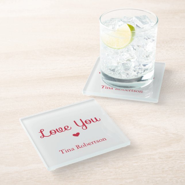 Love you red heart personalised white glass coaster (Angled)