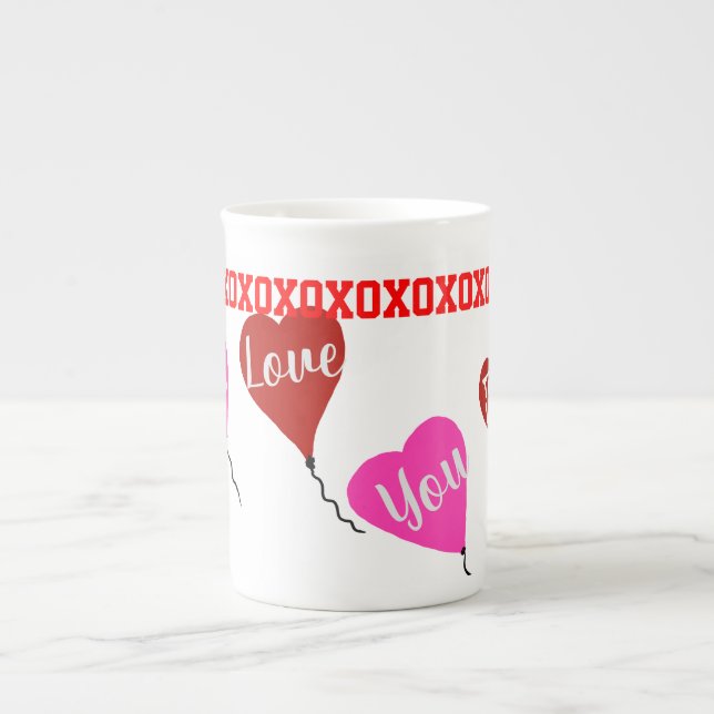 Love You Red Pink Hearts Bone China Mug (Front)