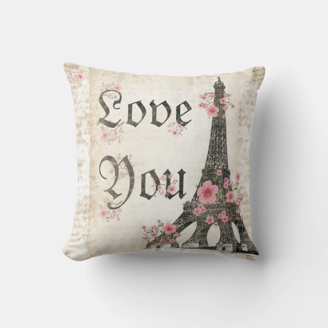 Love You Romantic Paris Tea pink cherry blossoms Cushion (Front)