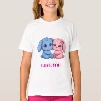 Love You Sitting Monsters T-Shirt, Blue Pink Bunny T-Shirt