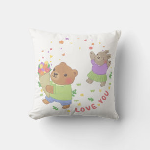 Love You: Teddy Bear & Bunny with Flowers Cushion