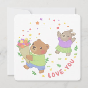Love You: Teddy Bear & Bunny with Flowers Holiday Card