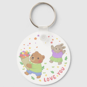 Love You: Teddy Bear & Bunny with Flowers Key Ring