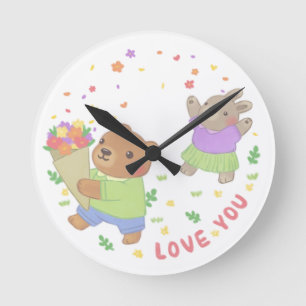 Love You: Teddy Bear & Bunny with Flowers Round Clock