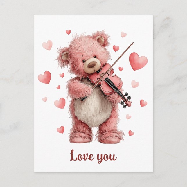 Love You Teddy with Violin Postcard (Front)