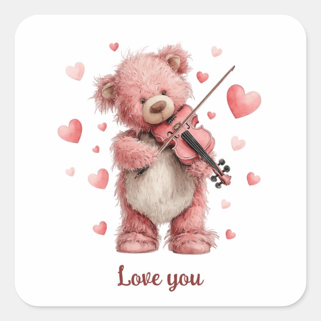 Love You Teddy with Violin Square Sticker (Front)