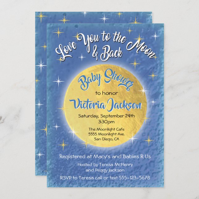 Love you to the moon and back baby shower invites (Front/Back)