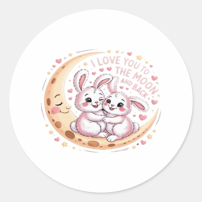 Love You To The Moon And Back Bunny Couple Love Wh Classic Round Sticker (Front)