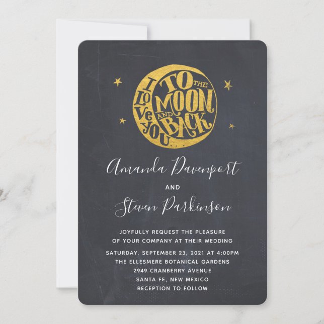 Love You to The Moon and Back Gold Trendy Wedding Invitation (Front)