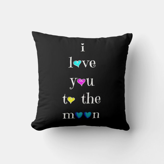 Love you to the Moon.... and back (pink on black) Cushion (Front)