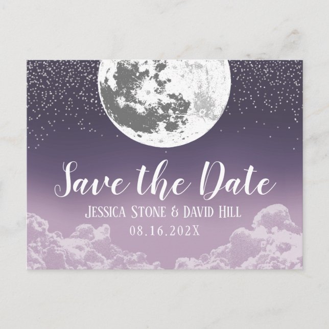 Love You To the Moon & Back Purple Wedding Announcement Postcard (Front)
