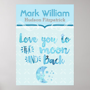 Love You To The Moon Blue Baby Nursery Poster