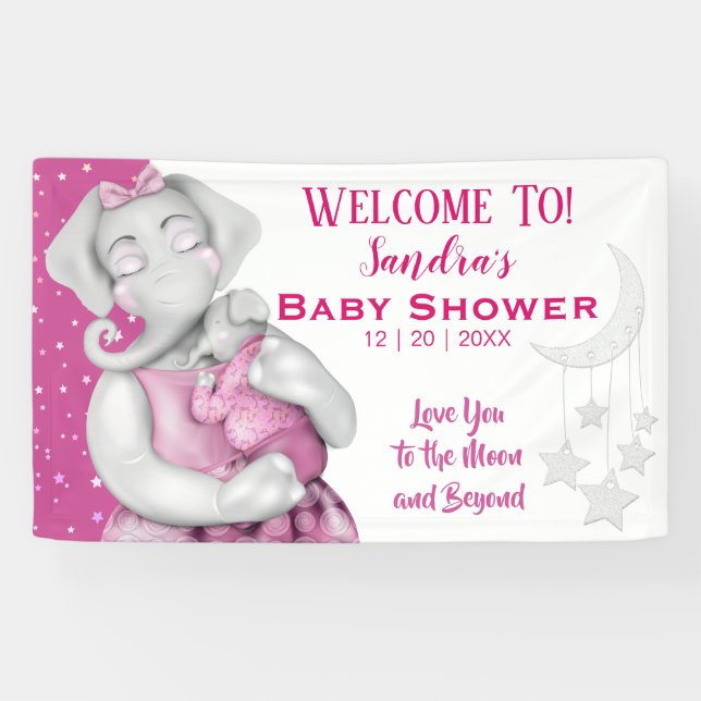 Love You To The Moon Girl Elephant Baby Shower Banner (Horizontal)