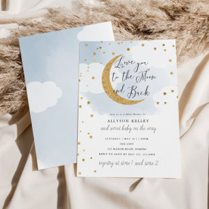 Love You to the Moon, Gold Stars Blue Baby Shower Invitation