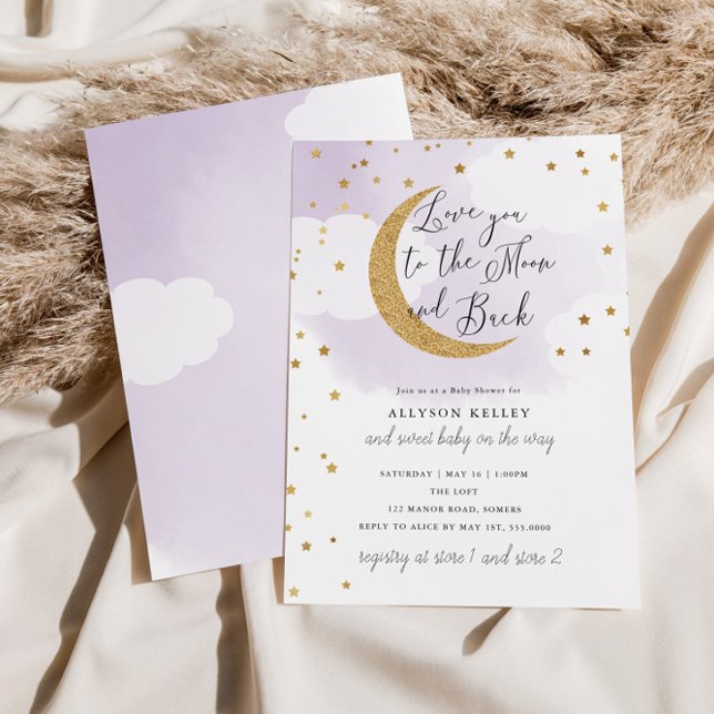 Love You to the Moon Gold Stars Purple Baby Shower Invitation (Creator Uploaded)