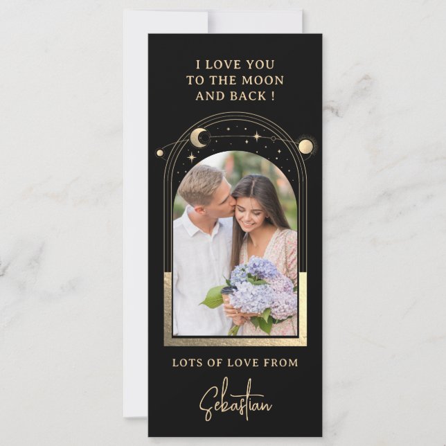Love You To The Moon Photo Celestial Black Gold Holiday Card (Front)