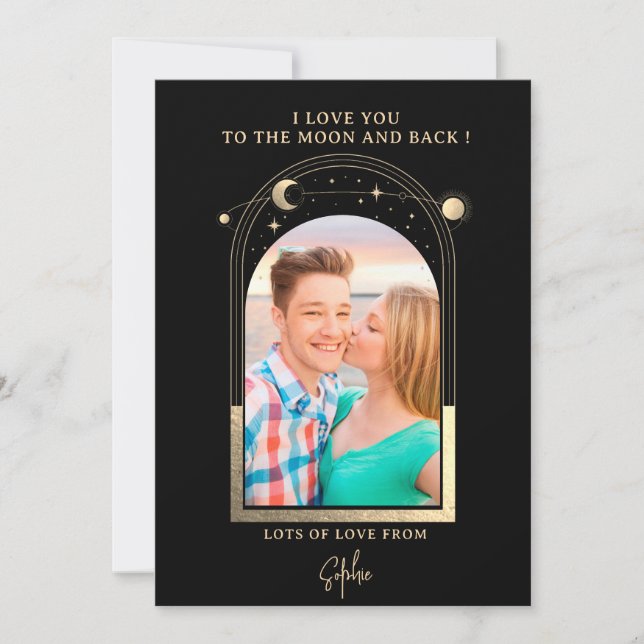 Love You To The Moon Photo Celestial Black Gold Holiday Card (Front)