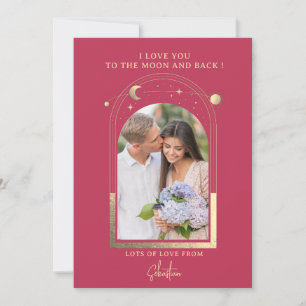 Love You To The Moon Photo Celestial Magenta Gold Holiday Card
