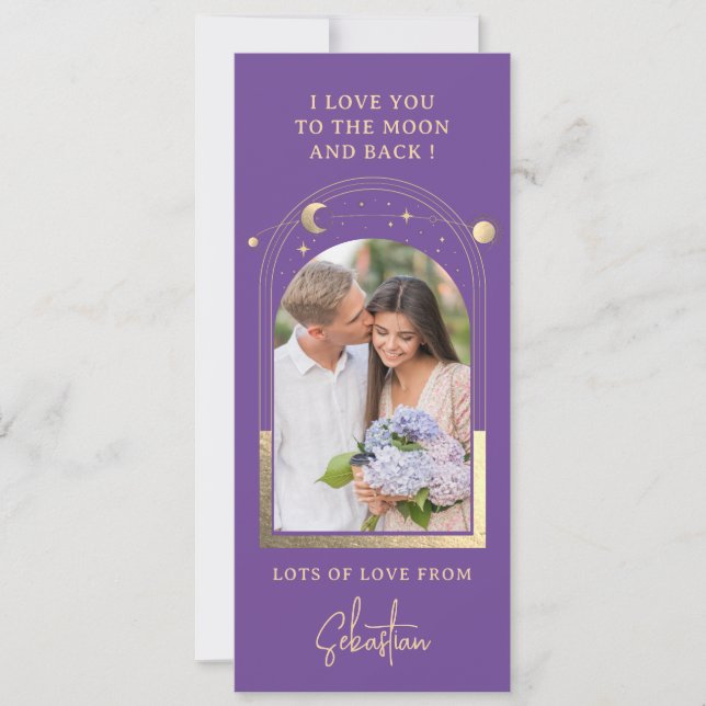 Love You To The Moon Photo Celestial Purple Gold Holiday Card (Front)