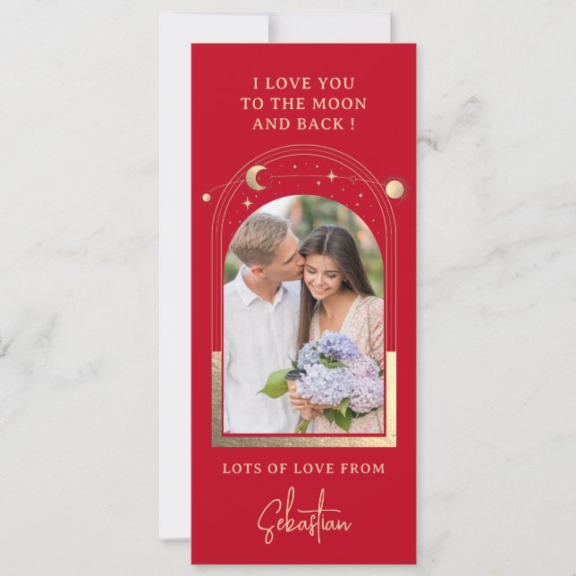 Love You To The Moon Photo Celestial Red Gold Holiday Card (Front)