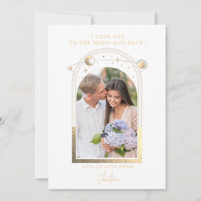 Love You To The Moon Photo Celestial White Gold Holiday Card (Front)