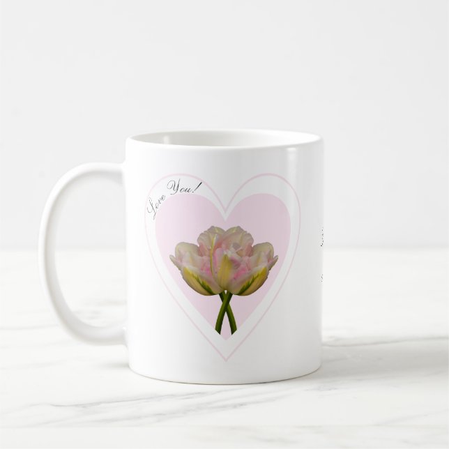 Love You Tulips in Pink Heart  Coffee Mug (Left)