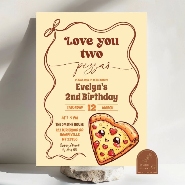 Love You Two Pizzas Bow Second Birthday Party Invitation (Creator Uploaded)