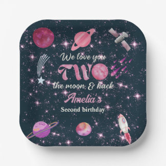Love You Two The Moon Girls Pink 2nd Birthday Paper Plate