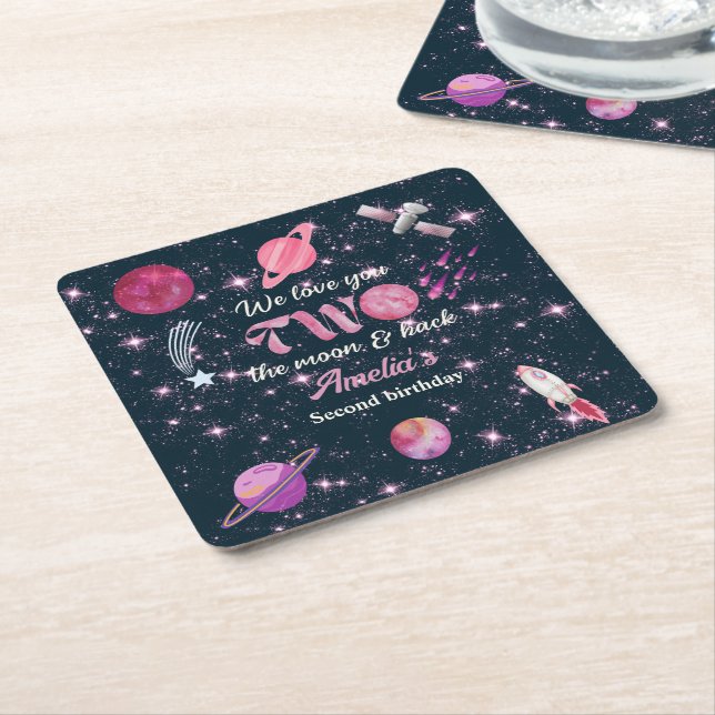 Love You Two The Moon Girls Pink 2nd Birthday Square Paper Coaster (Angled)