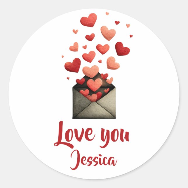 Love You Valentine Envelope Design Classic Round Sticker (Front)