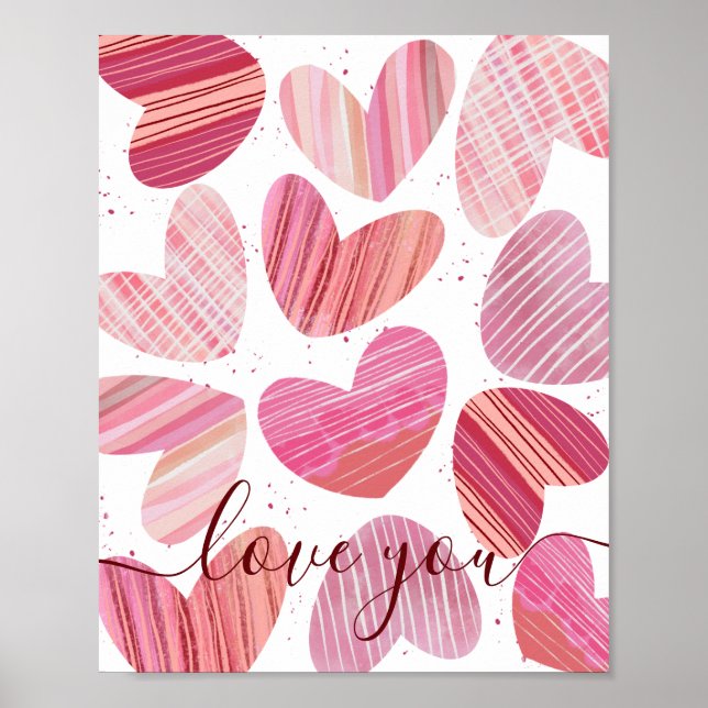  Love You Valentine Pink Watercolor Hearts Poster (Front)