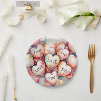 Love You watercolor hearts Wedding Party Decor Paper Plate