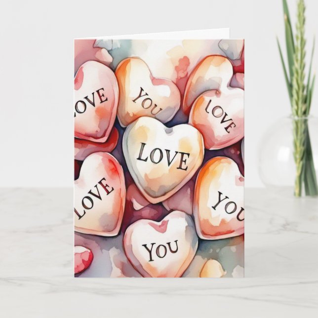 Love You watercolor painting hearts anniversary Card (Front)