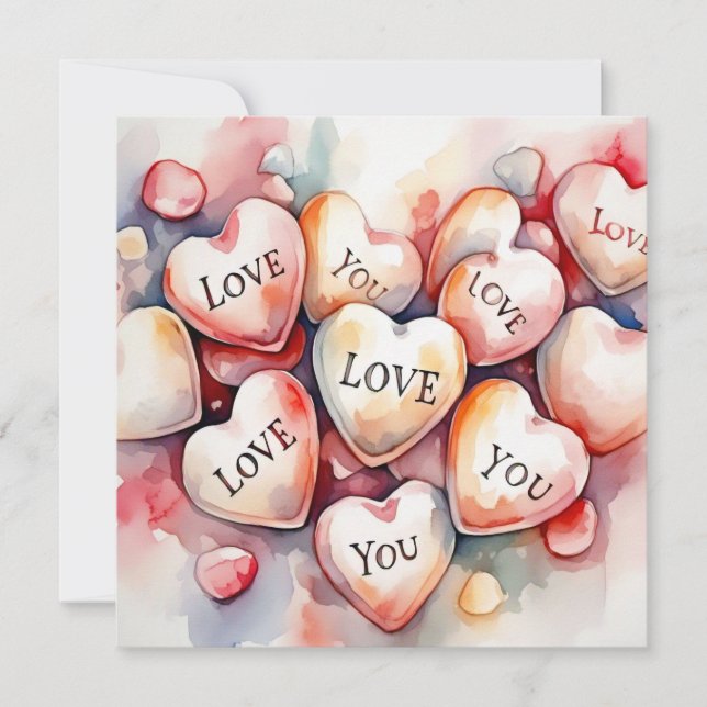 Love You watercolor painting hearts birthday gift Card (Front)