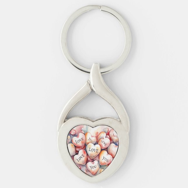 Love You watercolor painting hearts Mother gift  Key Ring (Front)