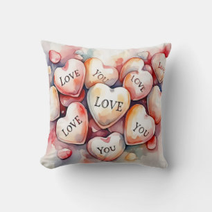 Love You watercolor painting hearts wedding gift Cushion