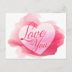 Love You Watercolor Pink And Red Heart Postcard
