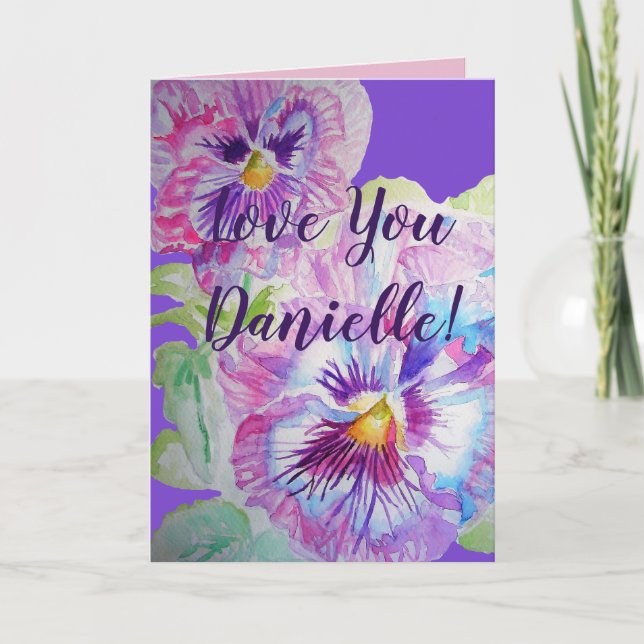 Love You Wifes Name Purple Pansy Watercolor Card (Front)