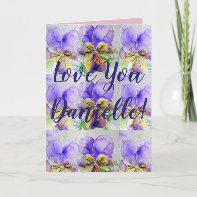 Love You Wifes Name Purple Pansy Watercolor Card (Front)