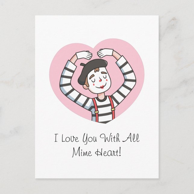 Love You With All Mime Heart, Valentines Day Pun Postcard (Front)