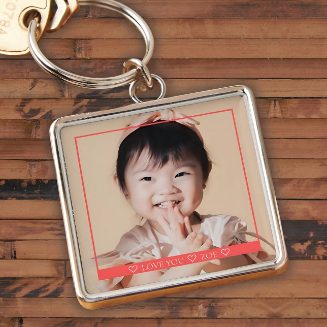 Love you with name and photo in a red frame key ring (Creator Uploaded)