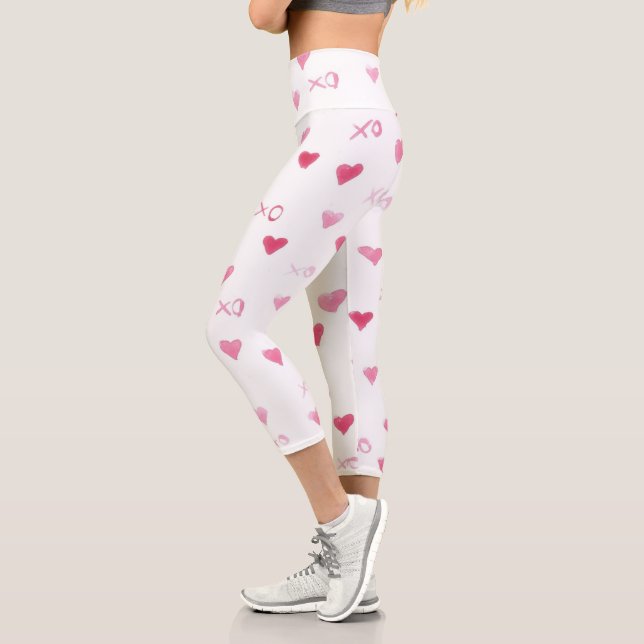 Love You XO Sweet Hearts pink white Valentine Fun Capri Leggings (Left)