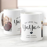 Love you YiaYia Hearts Custom Two Photo Coffee Mug<br><div class="desc">Simple and sweet two photo coffee mug for Grandma: The hand lettered script reads WE LOVE YOU YIAYIA with pretty hearts flourishes over your names. Personalise with your two favourite photos and make this a modern,  trendy keepsake gift for a beloved grandmother.</div>